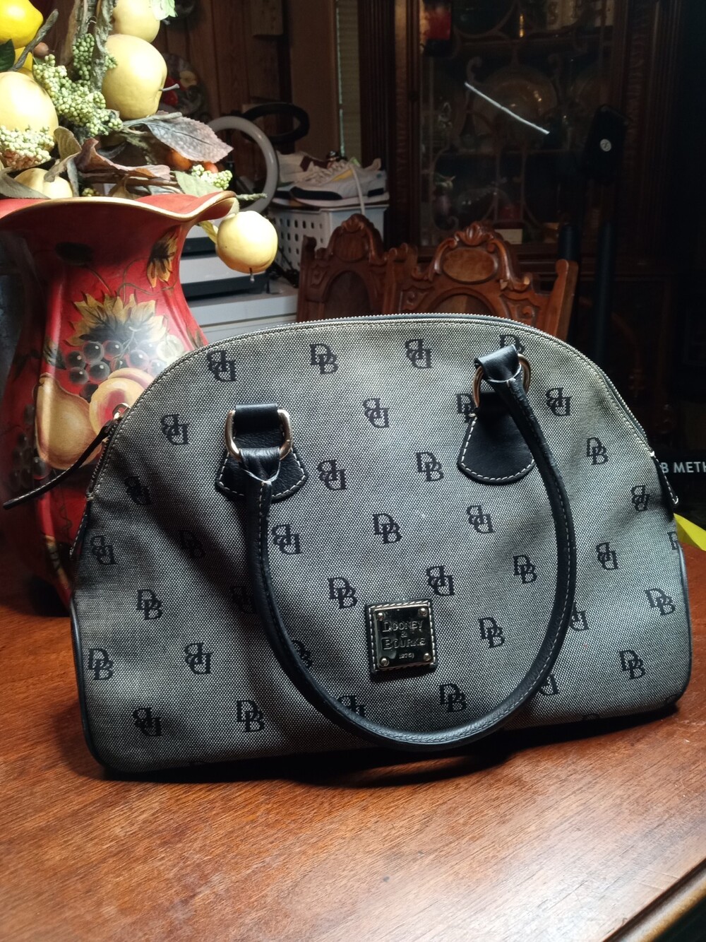 Dooney & Bourke Large Gray Monogram Canvas & Leather Trim Dome Satchel Bag GUC